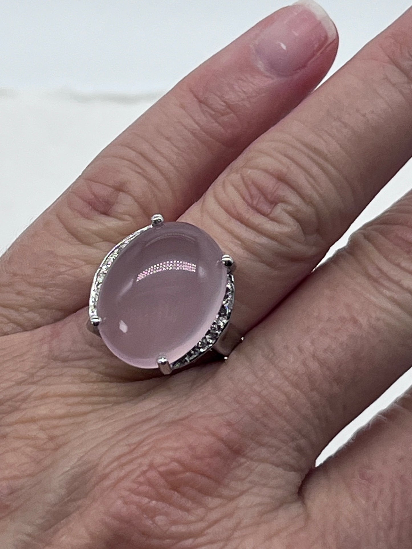 Anillo llamativo de cuarzo rosa natural vintage en plata 925