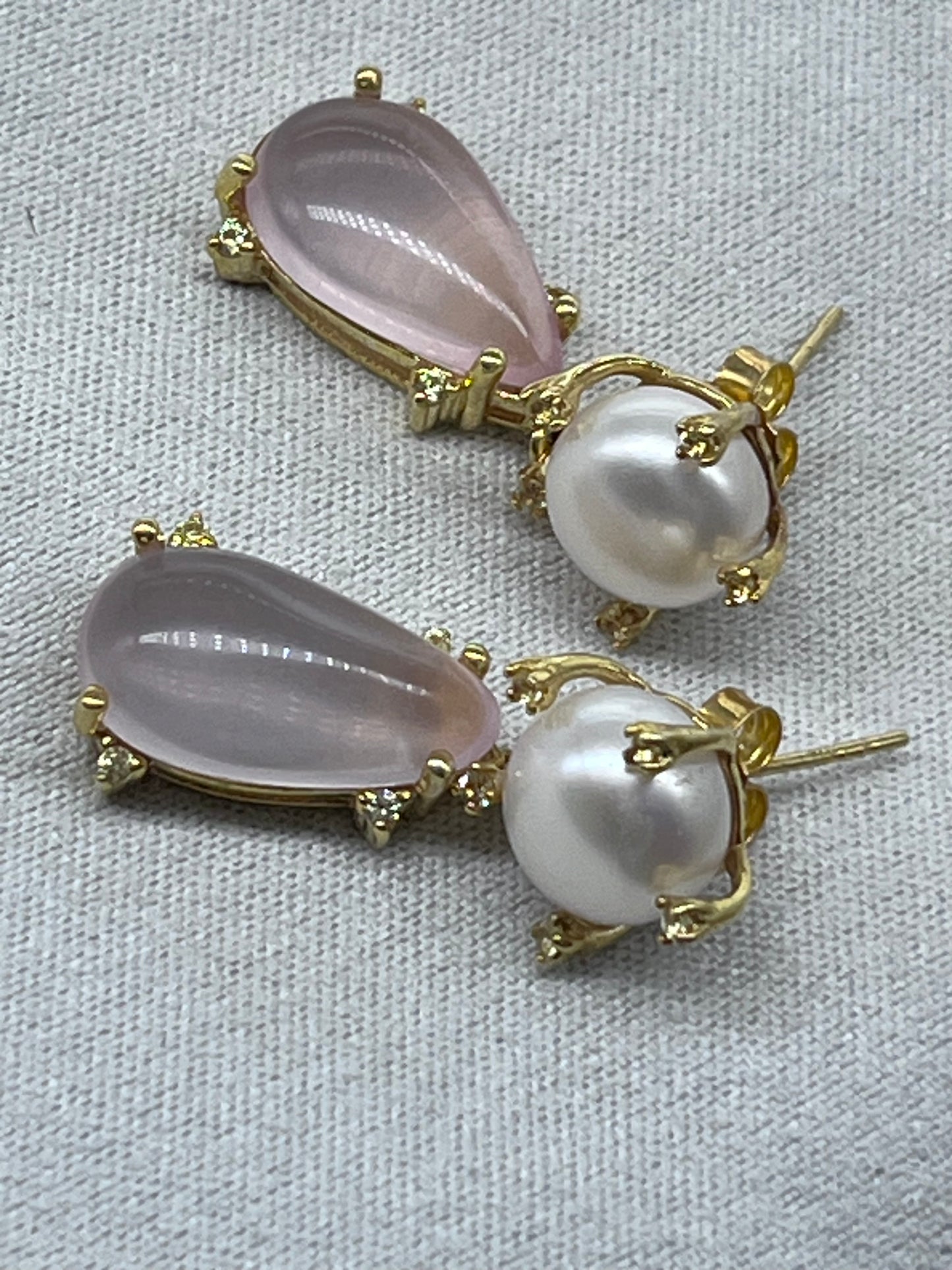 Gemstone 12 x 19 mm. Rose Quartz & Pearl Earrings 925 Silver 18K Gold