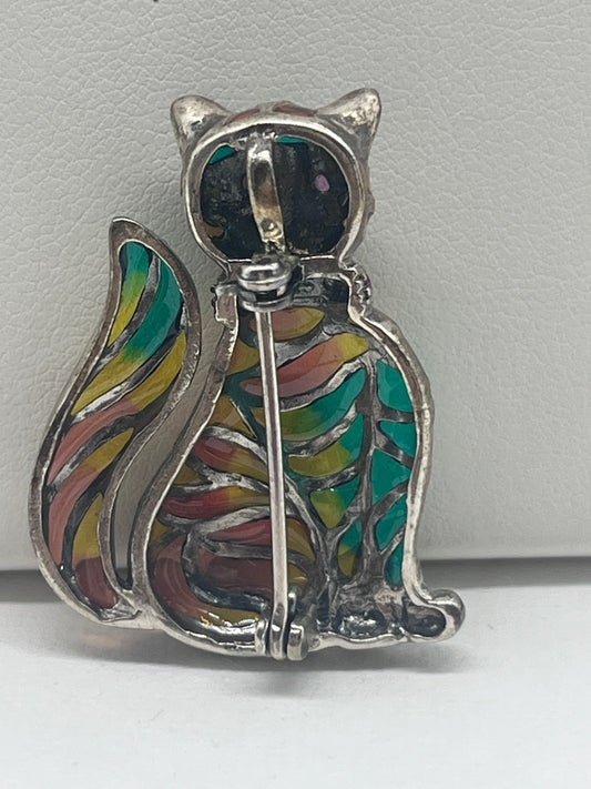 Vintage plata fina Plique A Jour par de broche colgante de gato esmaltado