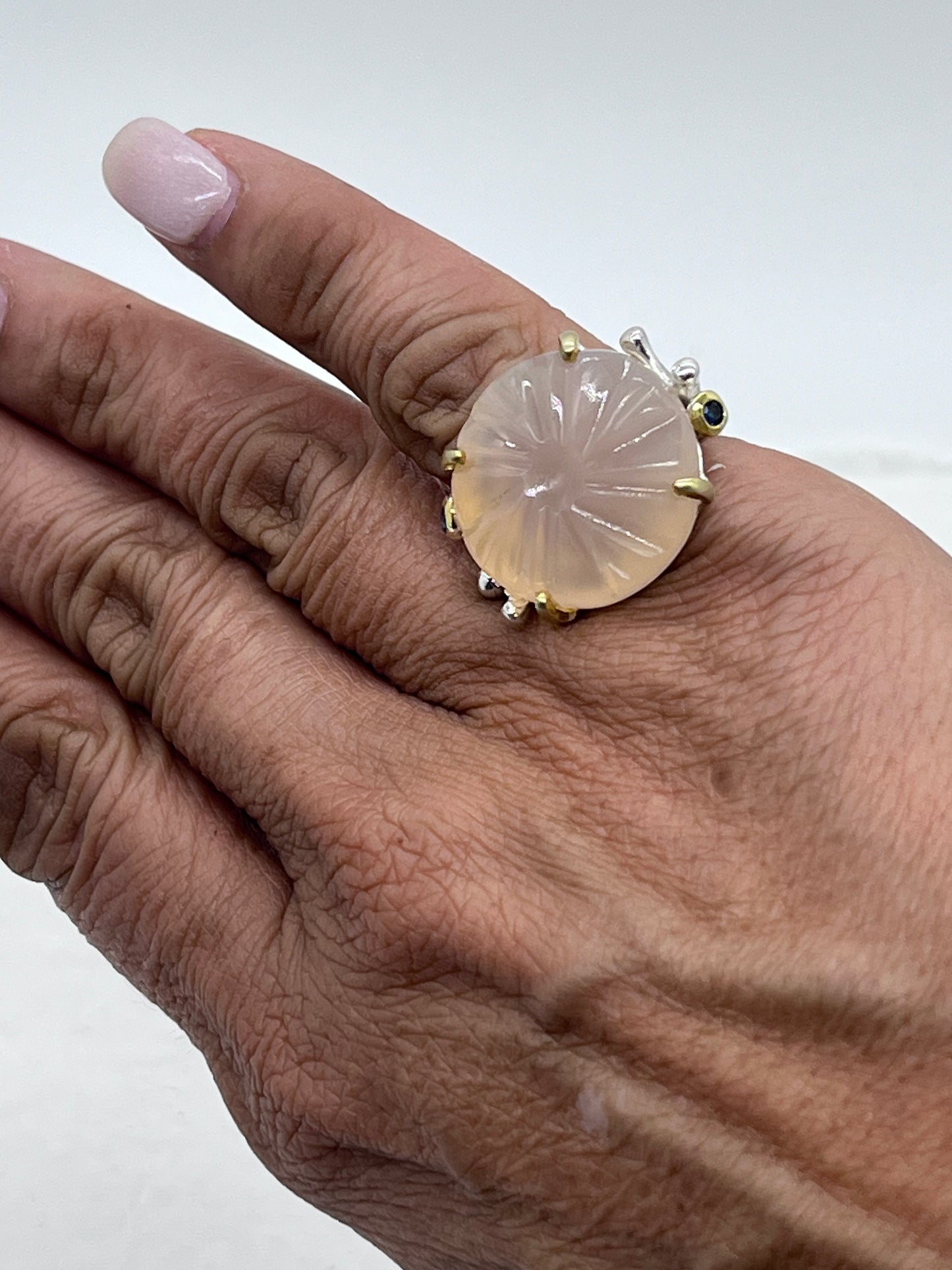 Anillo vintage grande de plata de ley 925 con solitario rosa de 10 quilates, calcedonia de Tanzania