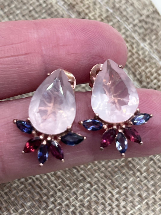 Pendientes de plata de ley, cuarzo rosa, rodolita, granate y amatista/pendientes de cuarzo rosa/pendientes de cuarzo rosa en oro rosa