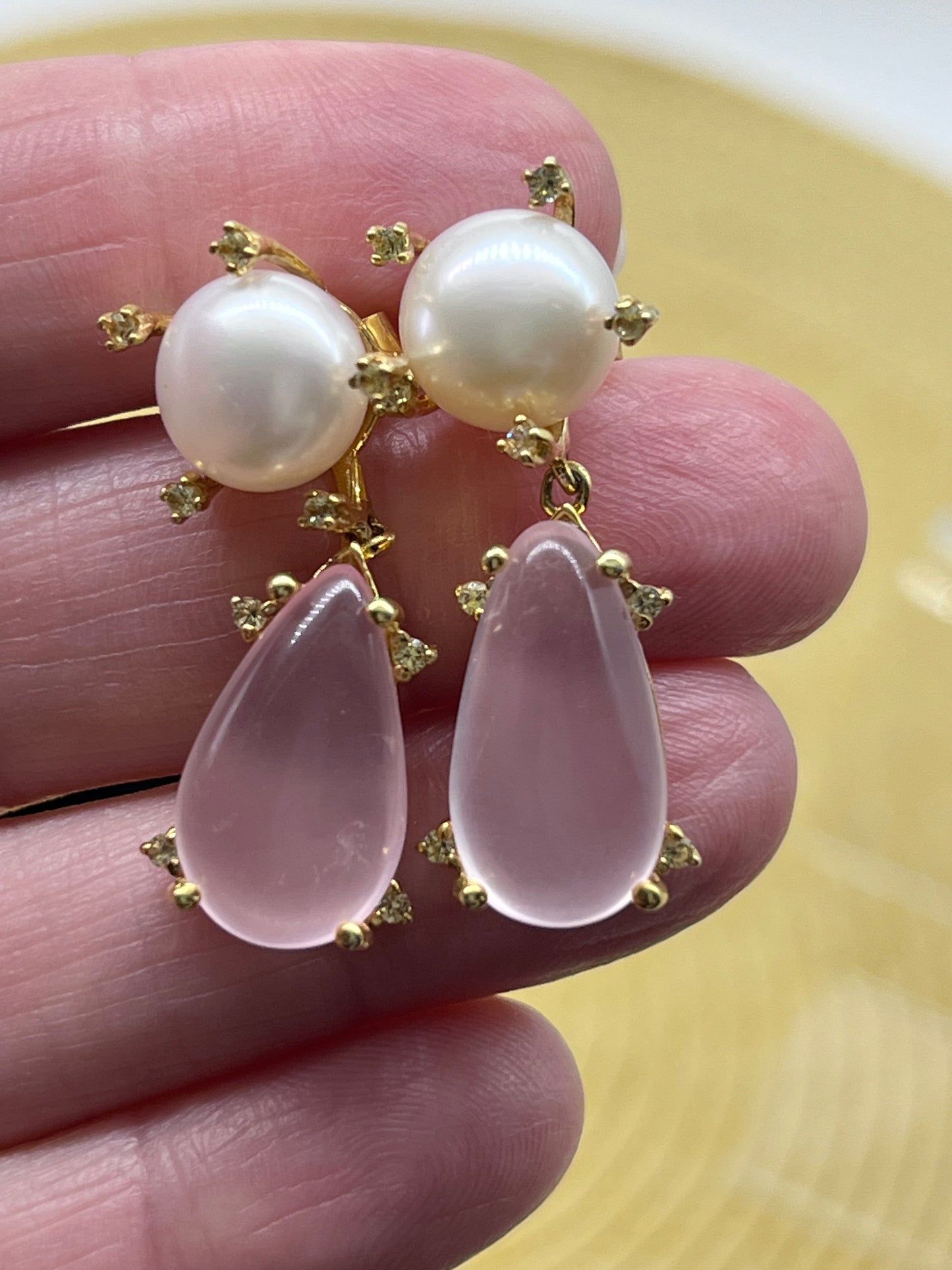 Gemstone 12 x 19 mm. Rose Quartz & Pearl Earrings 925 Silver 18K Gold