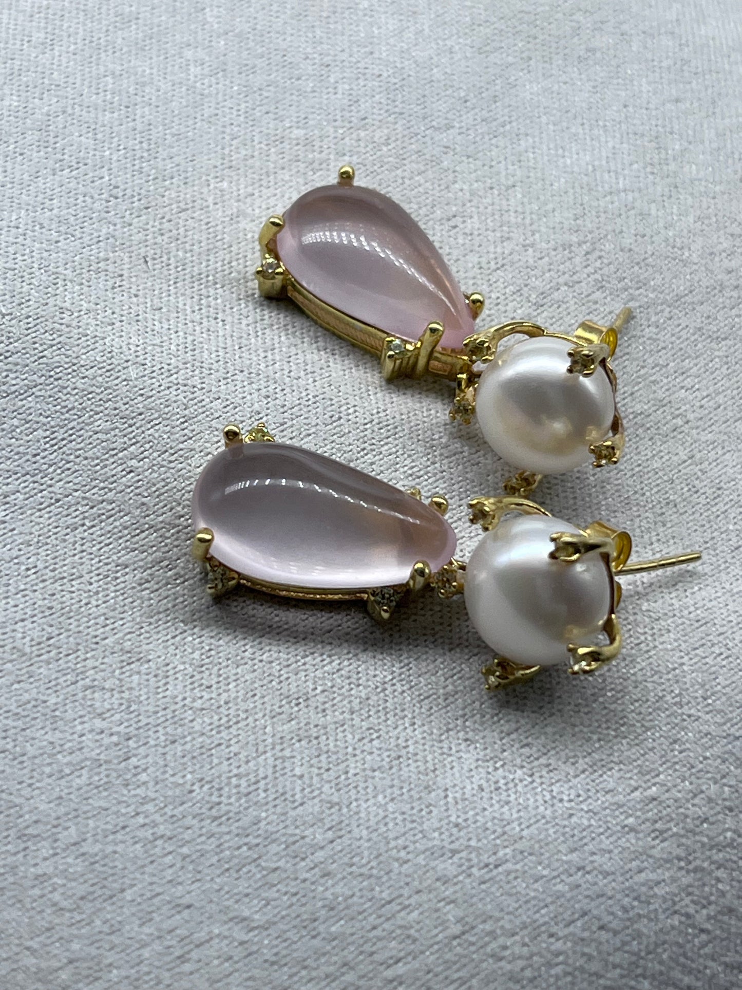 Gemstone 12 x 19 mm. Rose Quartz & Pearl Earrings 925 Silver 18K Gold