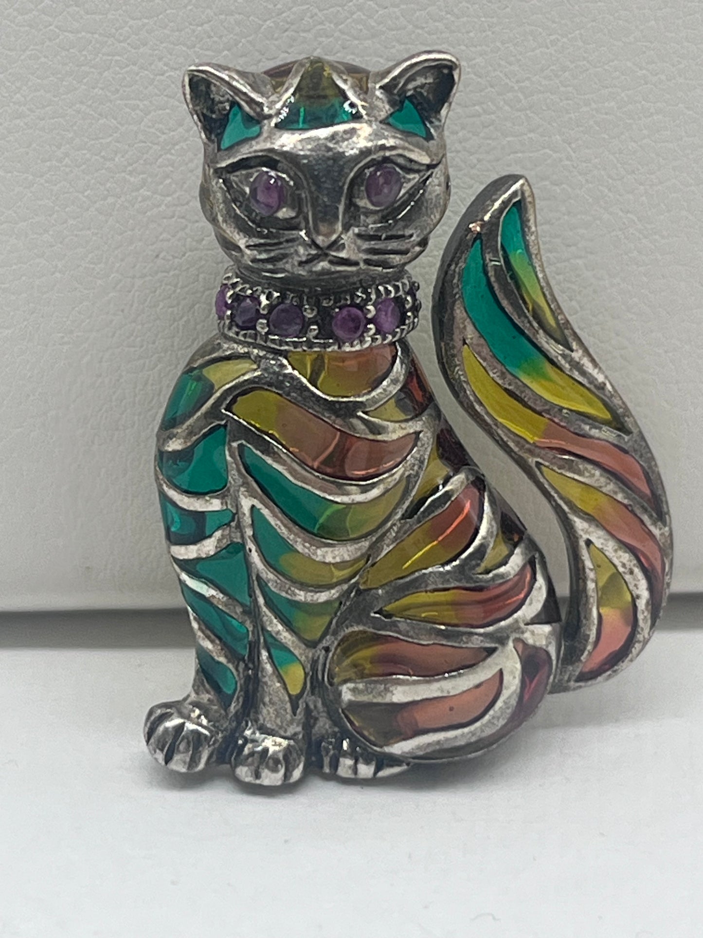 Vintage plata fina Plique A Jour par de broche colgante de gato esmaltado