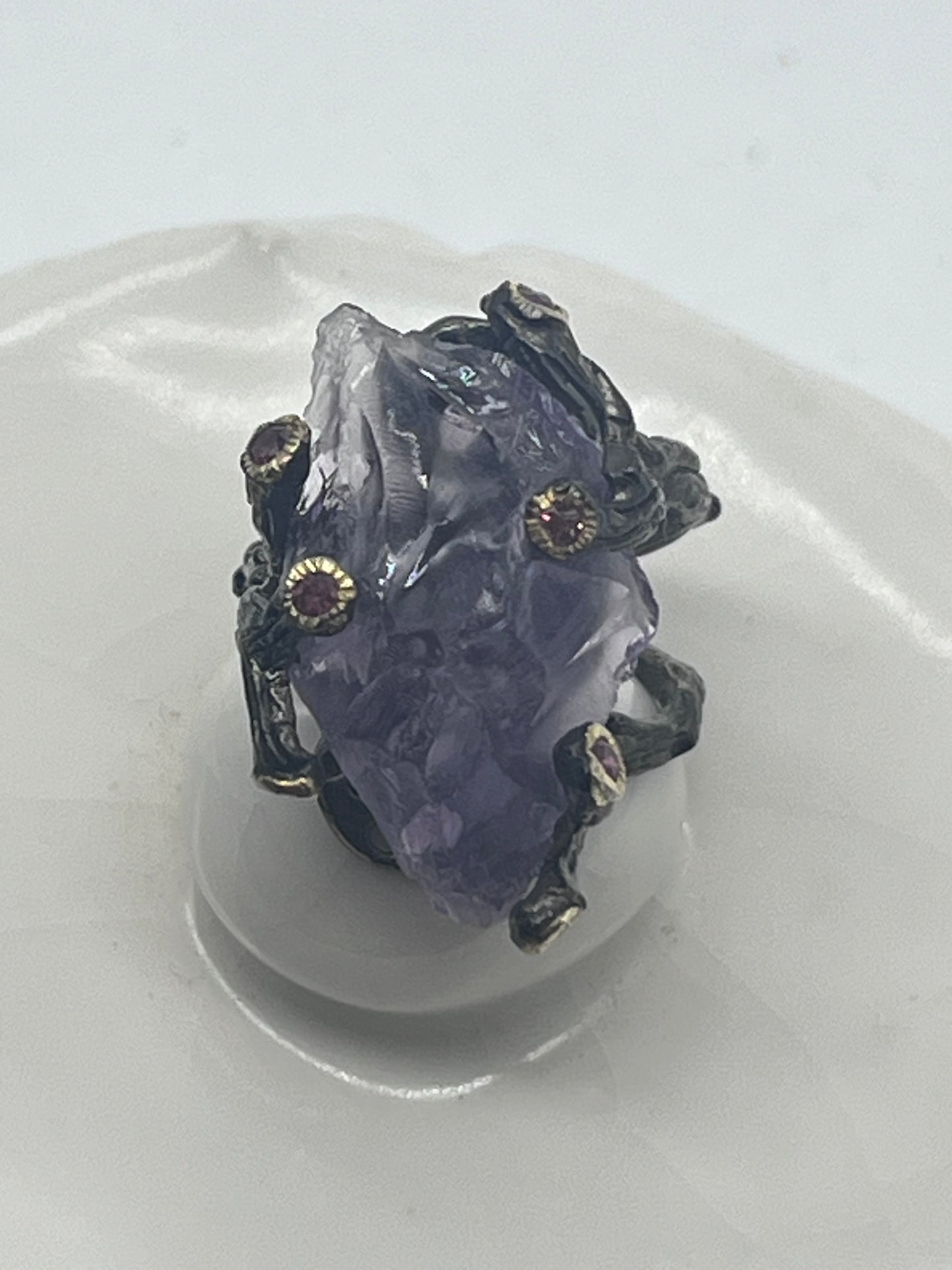 Vintage Sterling Silver Crow Clow Natural Raw Amethyst Statement Ring Sz8.25