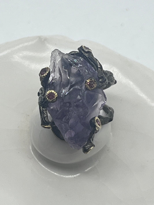 Vintage Sterling Silver Crow Clow Natural Raw Amethyst Statement Ring Sz8.25