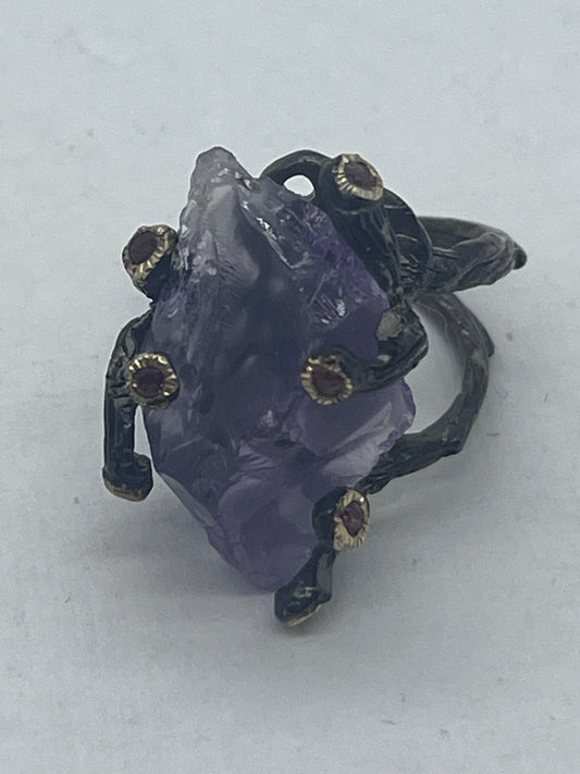 Vintage Sterling Silver Crow Clow Natural Raw Amethyst Statement Ring Sz8.25