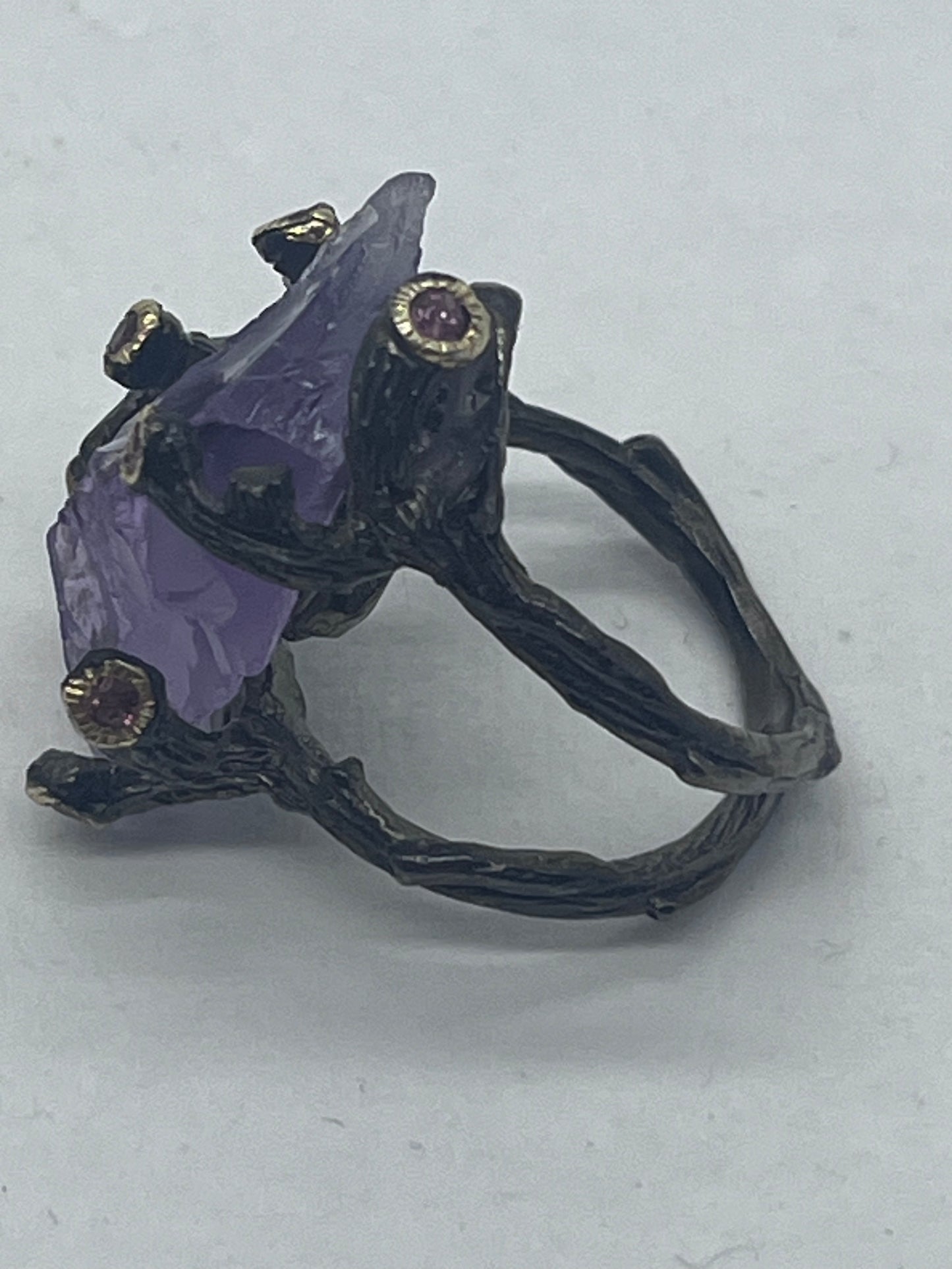Vintage Sterling Silver Crow Clow Natural Raw Amethyst Statement Ring Sz8.25