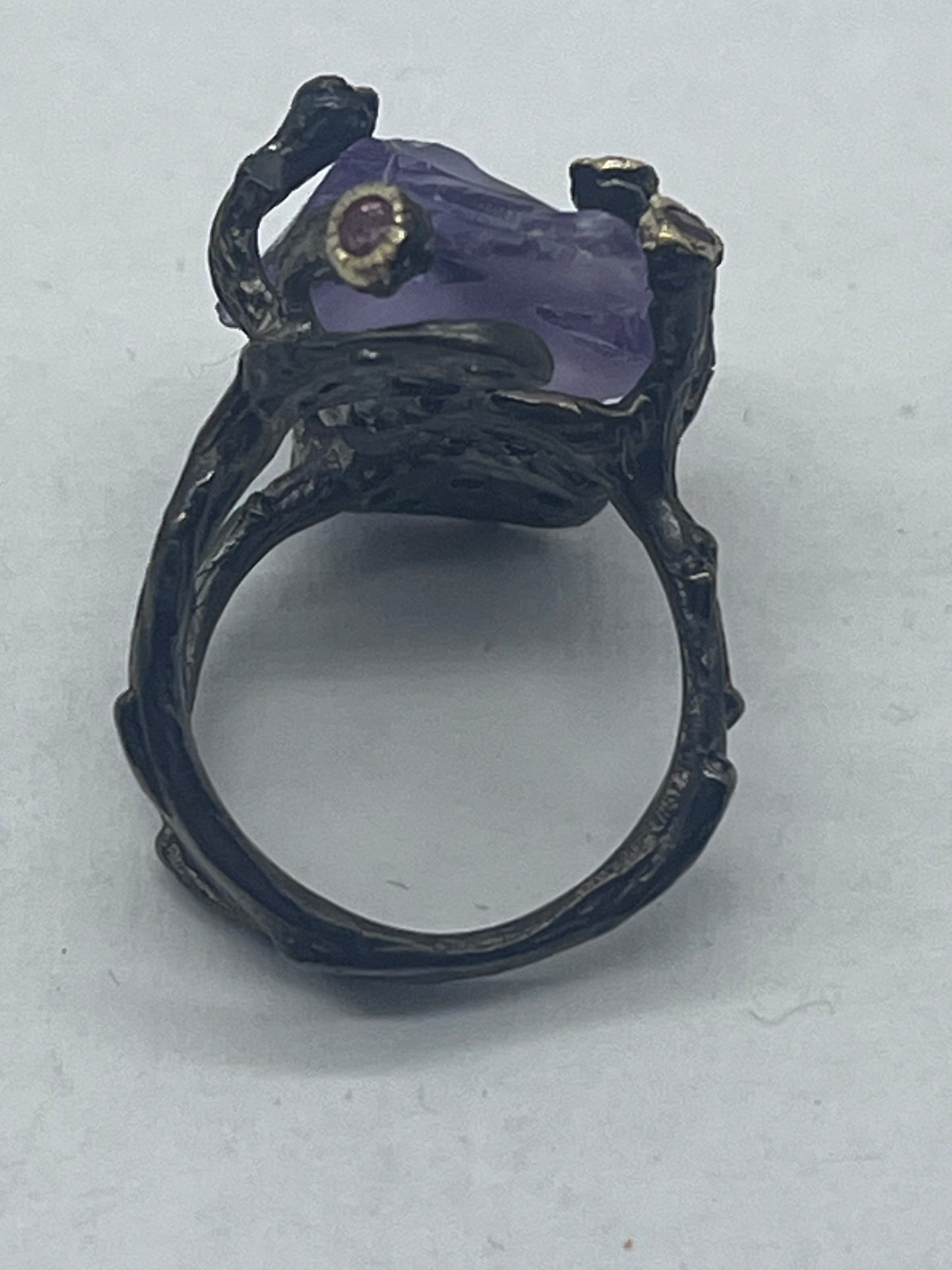 Vintage Sterling Silver Crow Clow Natural Raw Amethyst Statement Ring Sz8.25