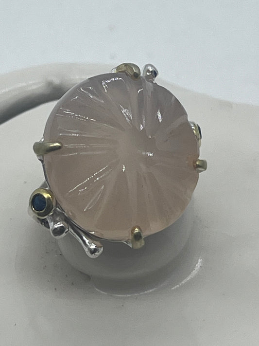 Anillo vintage grande de plata de ley 925 con solitario rosa de 10 quilates, calcedonia de Tanzania