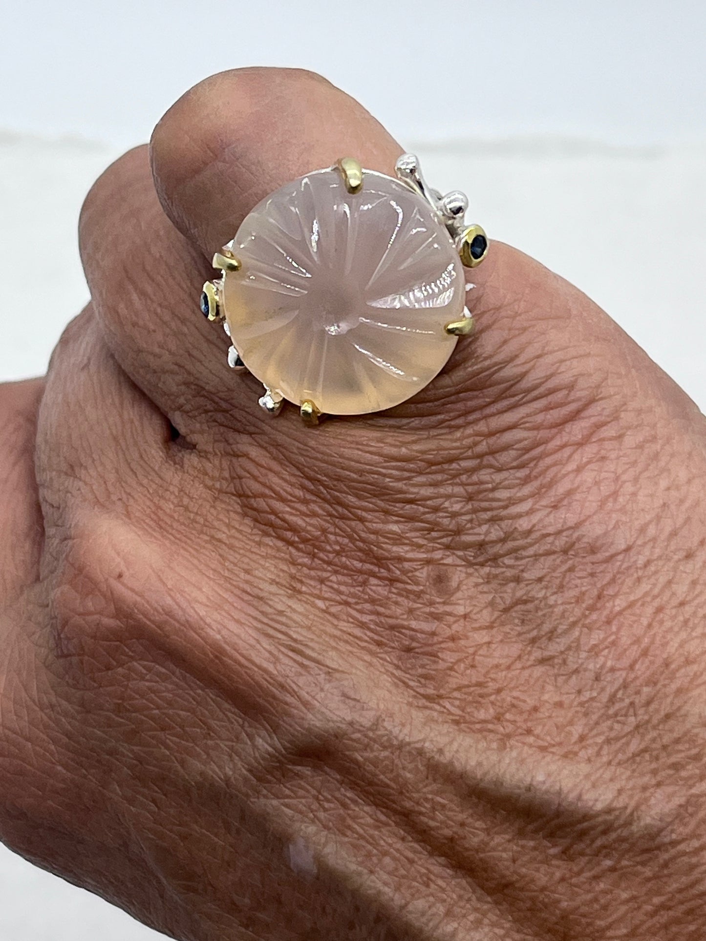 Anillo vintage grande de plata de ley 925 con solitario rosa de 10 quilates, calcedonia de Tanzania