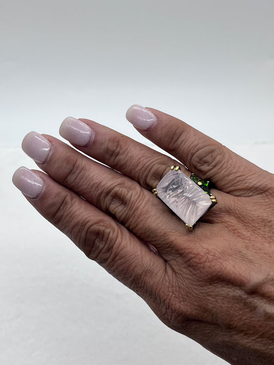 Anillo de Cuarzo Rosa Natural, baño de rodio, plata de ley 925, Talla 7 US