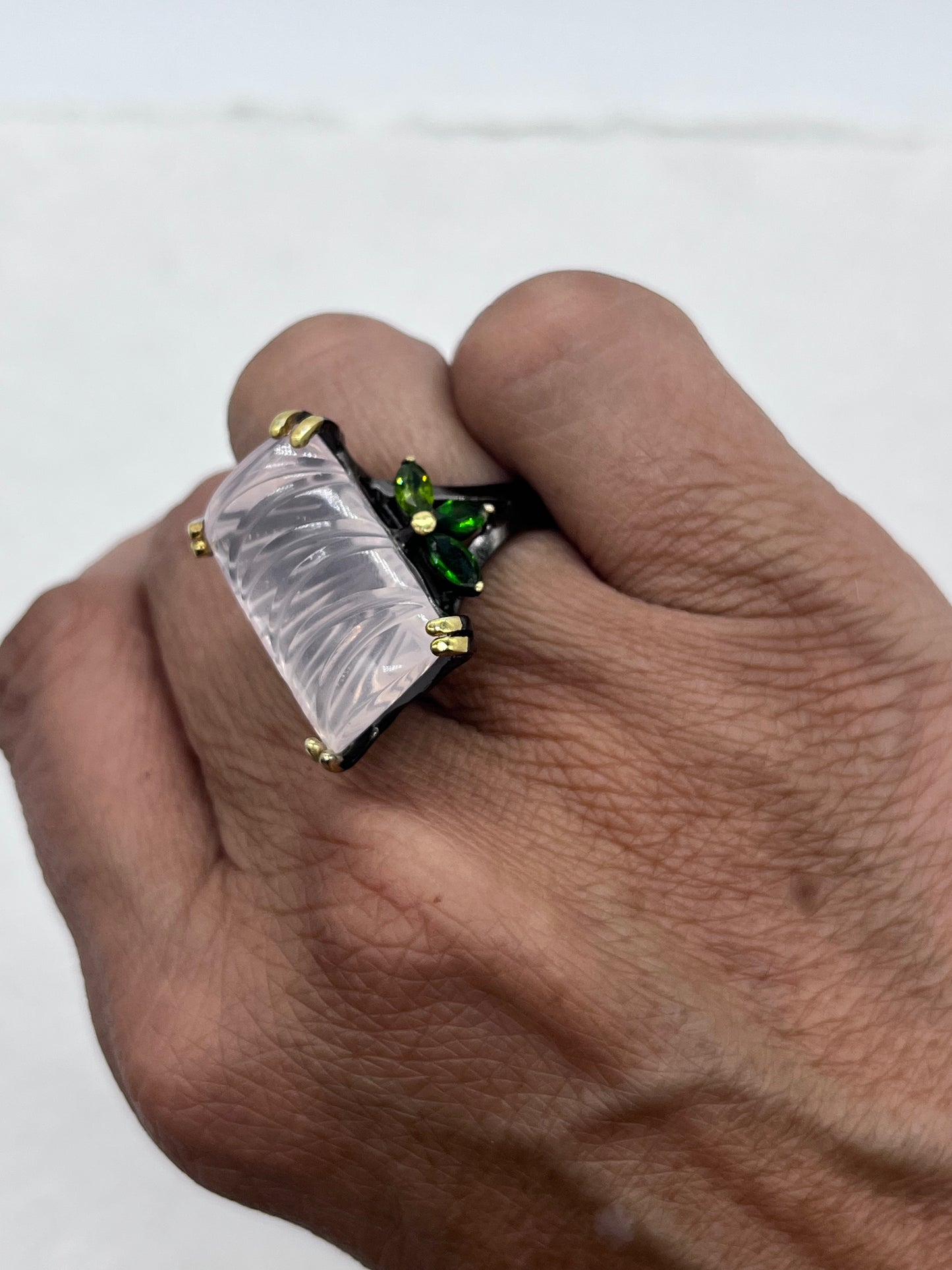 Anillo de Cuarzo Rosa Natural, baño de rodio, plata de ley 925, Talla 7 US