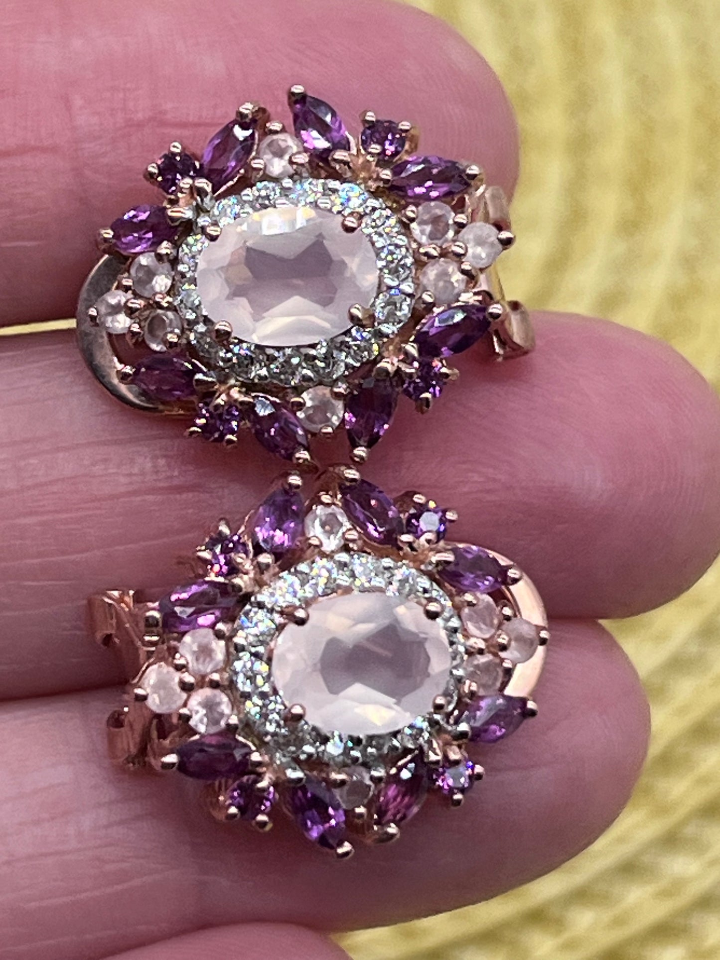 Pendientes de botón de cuarzo y amatista, rosa rodolita, cuarzo rosa, amatista violeta, chapado en oro rosa, plata de ley, pendientes de botón
