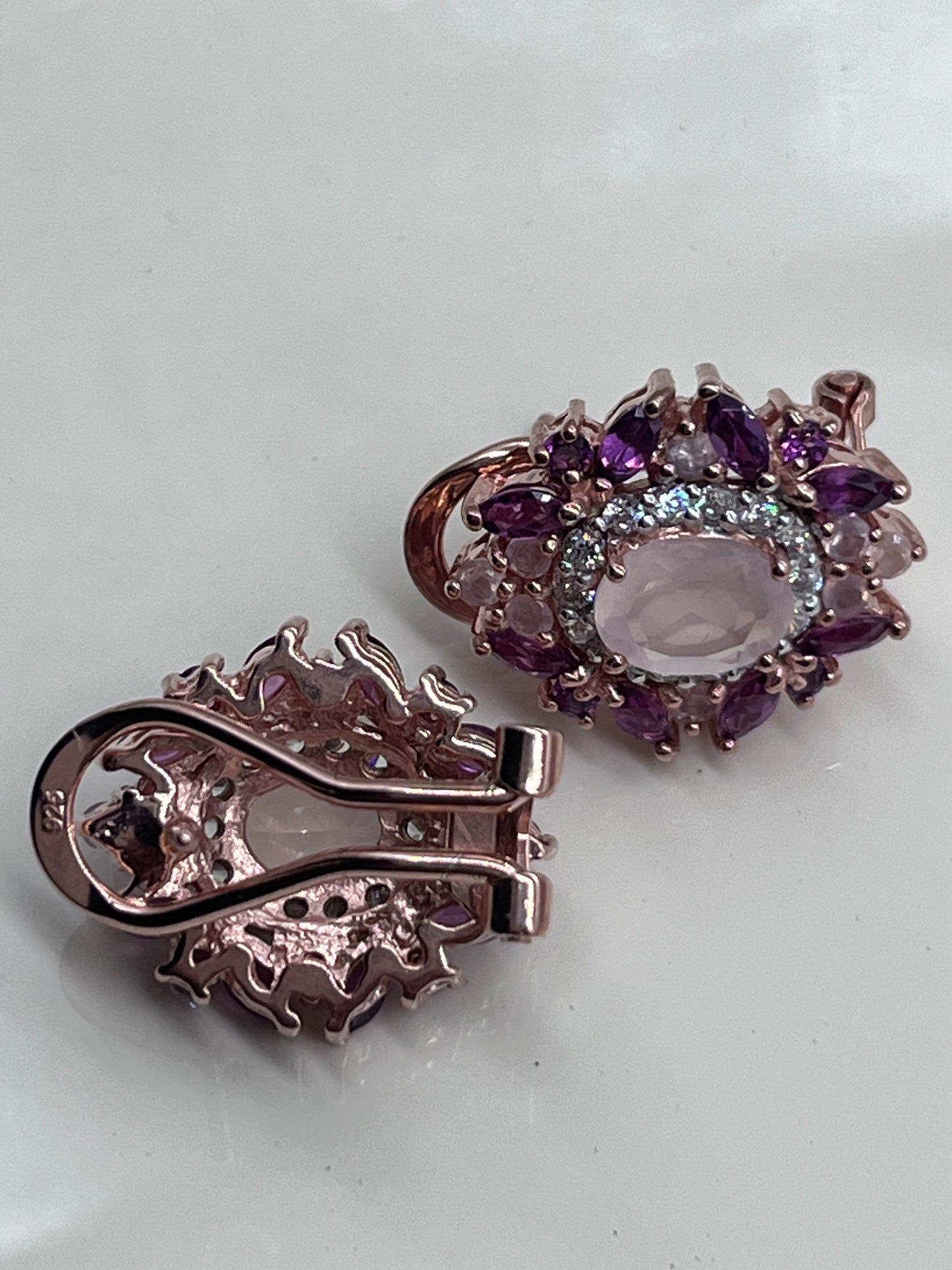 Pendientes de botón de cuarzo y amatista, rosa rodolita, cuarzo rosa, amatista violeta, chapado en oro rosa, plata de ley, pendientes de botón