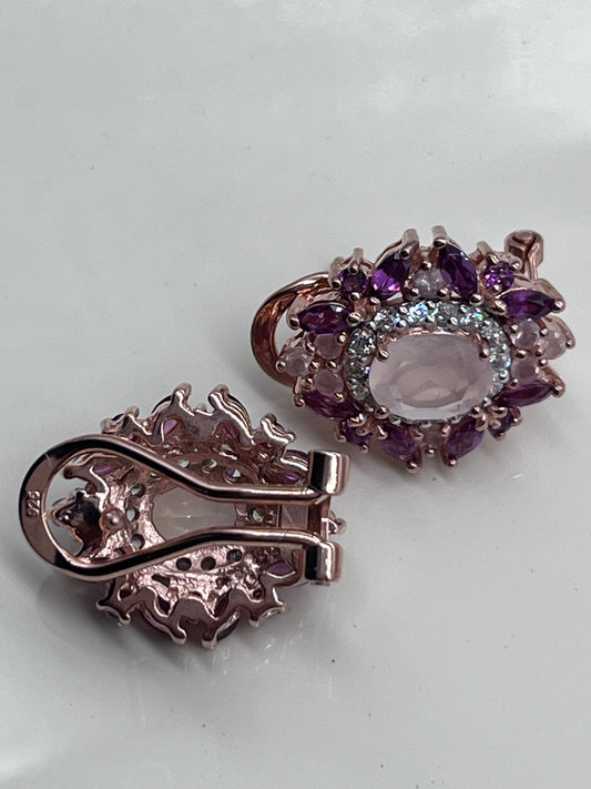 Pendientes de botón de cuarzo y amatista, rosa rodolita, cuarzo rosa, amatista violeta, chapado en oro rosa, plata de ley, pendientes de botón