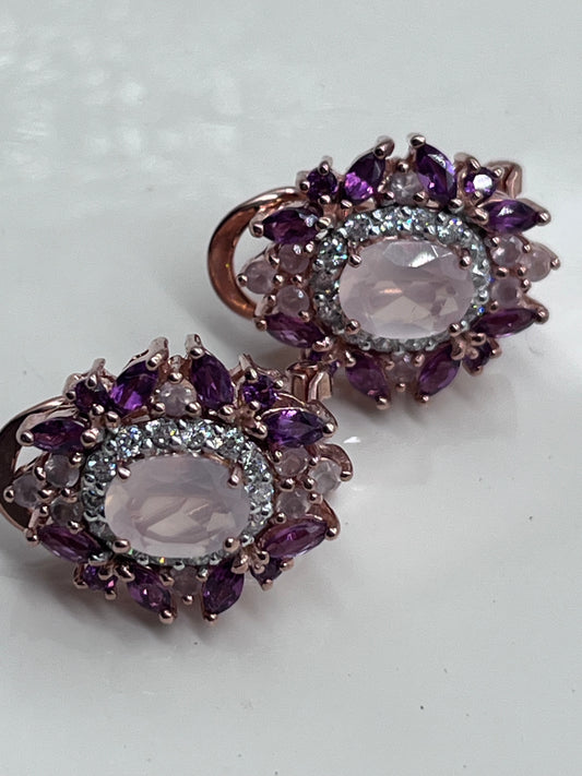 Pendientes de botón de cuarzo y amatista, rosa rodolita, cuarzo rosa, amatista violeta, chapado en oro rosa, plata de ley, pendientes de botón