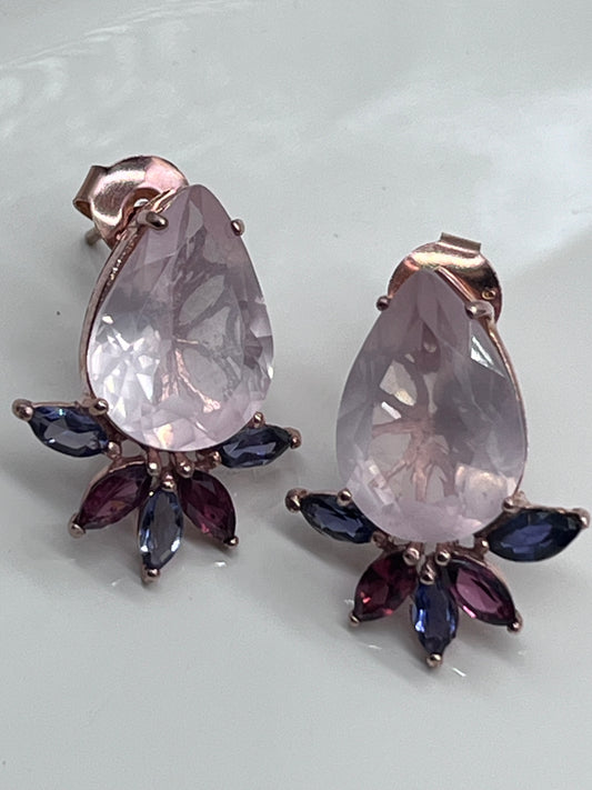 Pendientes de plata de ley, cuarzo rosa, rodolita, granate y amatista/pendientes de cuarzo rosa/pendientes de cuarzo rosa en oro rosa