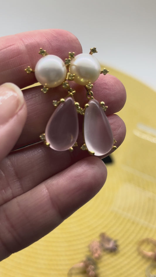 Gemstone 12 x 19 mm. Rose Quartz & Pearl Earrings 925 Silver 18K Gold